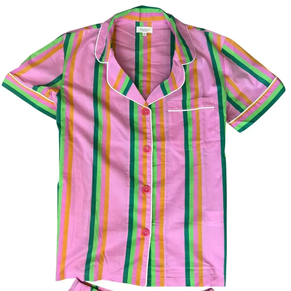 NWOT Bedhead 100% Organic Cotton Pineapple Cabana Stripe Shorty Pajama Set Small - Picture 3 of 6
